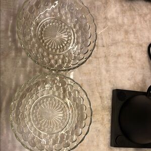 Two Anchor Hocking clear bubble glass berry bowls, 2 sugar bowls.